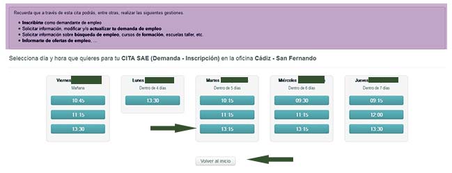 Días y horas disponibles para la cita SAE