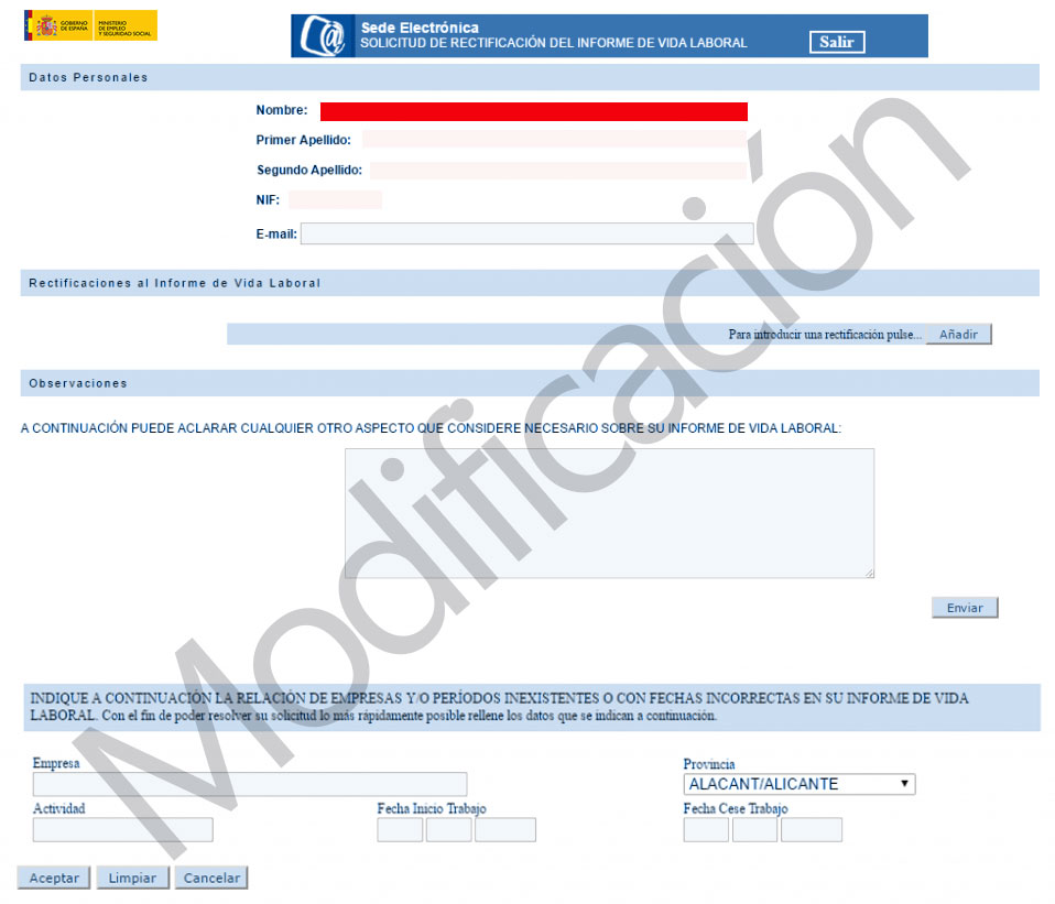 Modificación del informe de vida profesional