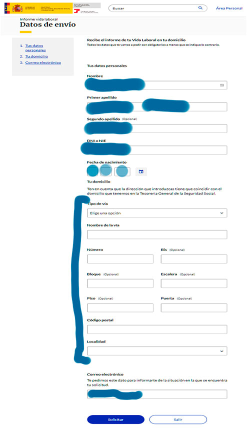 Formulario de solicitud de la vida laboral por correo postal